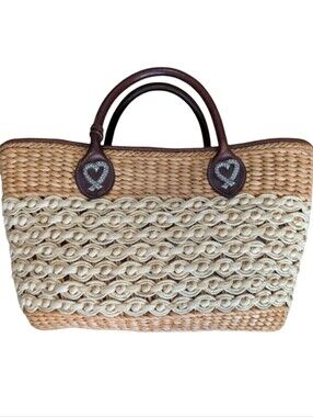 Vintage Brighton Woven Straw Beige & Brown Leather Shoulder Tote Bag Flower